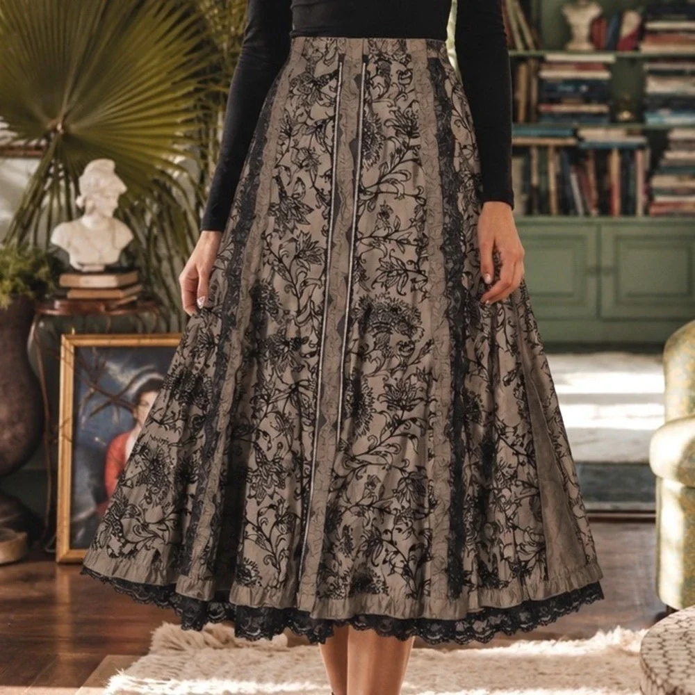 Calico Floral Embroidered Lace Trim Midi Skirt Olive Black Gothic Boho  12 A10